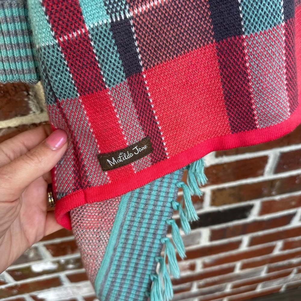 Matilda Jane Mixed Print Cardigan MEDIUM‎ Plaid & Stripes Boho Fringe Vibrant - Picture 6 of 8
